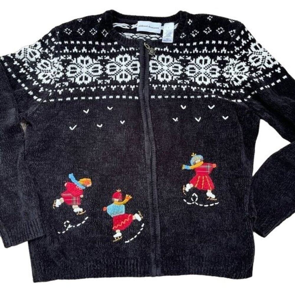 Vintage Alfred Dunner Cardigan Fair Isle Black Snowflakes Ice Skating Sz Large